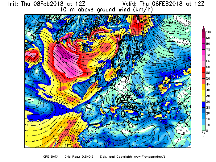 Mappa di analisi GFS - Velocità del vento a 10 metri dal suolo [km/h] in Europa
									del 08/02/2018 12 <!--googleoff: index-->UTC<!--googleon: index-->