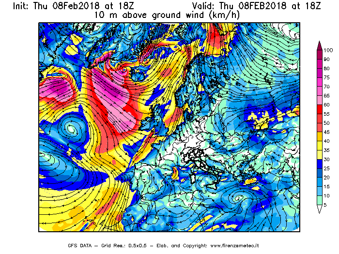Mappa di analisi GFS - Velocità del vento a 10 metri dal suolo [km/h] in Europa
							del 08/02/2018 18 <!--googleoff: index-->UTC<!--googleon: index-->