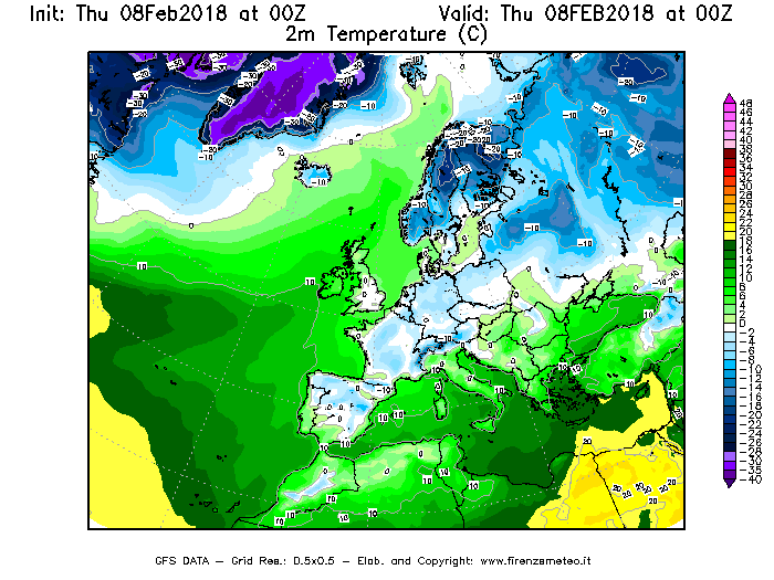 Mappa di analisi GFS - Temperatura a 2 metri dal suolo [°C] in Europa
									del 08/02/2018 00 <!--googleoff: index-->UTC<!--googleon: index-->