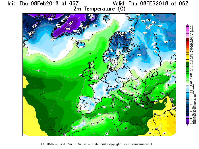 Mappa di analisi GFS - Temperatura a 2 metri dal suolo [°C] in Europa
							del 08/02/2018 06 <!--googleoff: index-->UTC<!--googleon: index-->