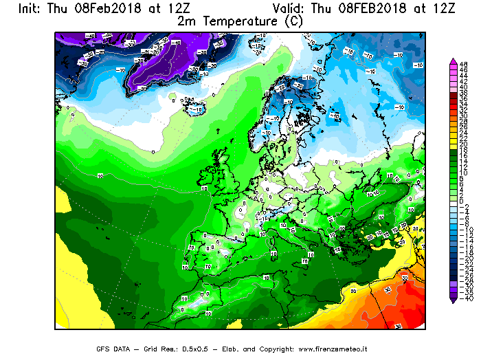 Mappa di analisi GFS - Temperatura a 2 metri dal suolo [°C] in Europa
							del 08/02/2018 12 <!--googleoff: index-->UTC<!--googleon: index-->