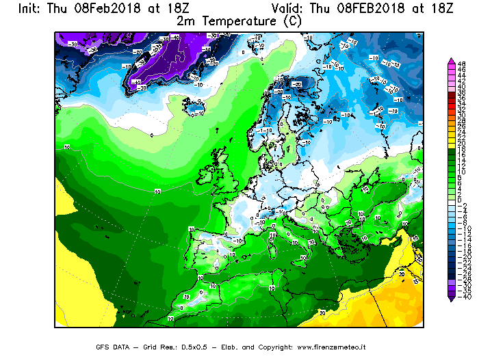 Mappa di analisi GFS - Temperatura a 2 metri dal suolo [°C] in Europa
									del 08/02/2018 18 <!--googleoff: index-->UTC<!--googleon: index-->