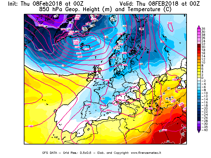 Mappa di analisi GFS - Geopotenziale [m] e Temperatura [°C] a 850 hPa in Europa
							del 08/02/2018 00 <!--googleoff: index-->UTC<!--googleon: index-->
