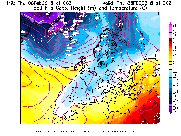 Mappa di analisi GFS - Geopotenziale [m] e Temperatura [°C] a 850 hPa in Europa
							del 08/02/2018 06 <!--googleoff: index-->UTC<!--googleon: index-->