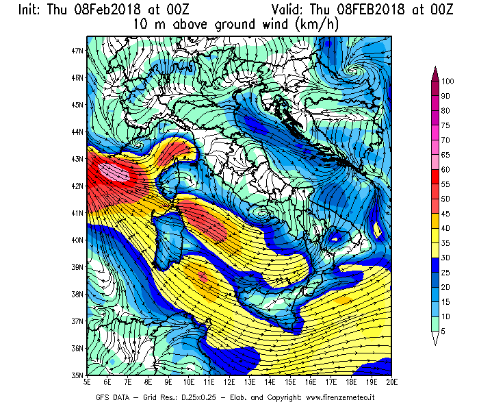 Mappa di analisi GFS - Velocità del vento a 10 metri dal suolo [km/h] in Italia
									del 08/02/2018 00 <!--googleoff: index-->UTC<!--googleon: index-->