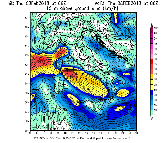 Mappa di analisi GFS - Velocità del vento a 10 metri dal suolo [km/h] in Italia
									del 08/02/2018 06 <!--googleoff: index-->UTC<!--googleon: index-->