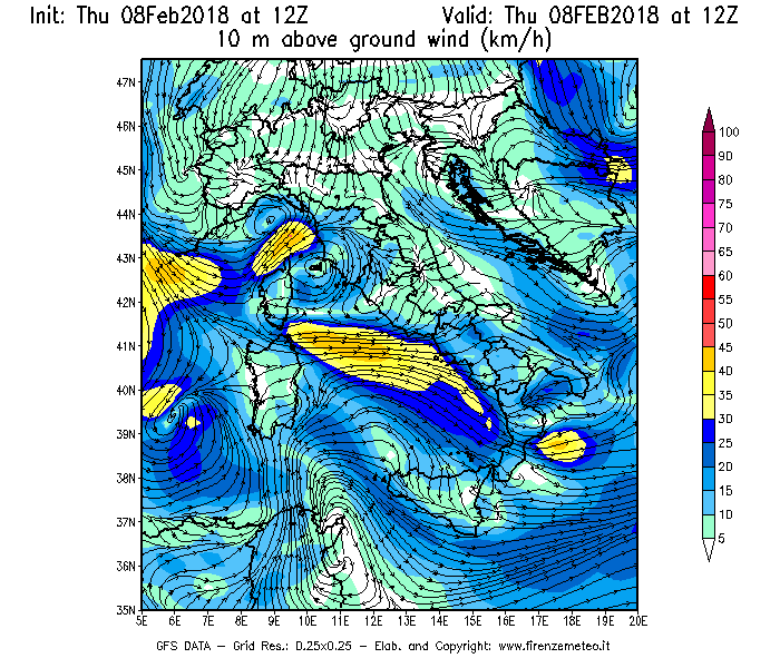 Mappa di analisi GFS - Velocità del vento a 10 metri dal suolo [km/h] in Italia
							del 08/02/2018 12 <!--googleoff: index-->UTC<!--googleon: index-->