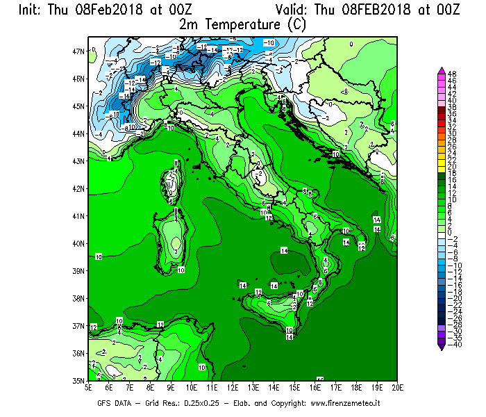 Mappa di analisi GFS - Temperatura a 2 metri dal suolo [°C] in Italia
									del 08/02/2018 00 <!--googleoff: index-->UTC<!--googleon: index-->