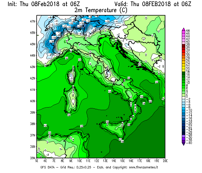Mappa di analisi GFS - Temperatura a 2 metri dal suolo [°C] in Italia
									del 08/02/2018 06 <!--googleoff: index-->UTC<!--googleon: index-->