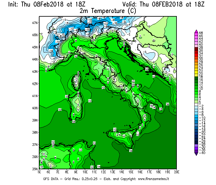 Mappa di analisi GFS - Temperatura a 2 metri dal suolo [°C] in Italia
									del 08/02/2018 18 <!--googleoff: index-->UTC<!--googleon: index-->