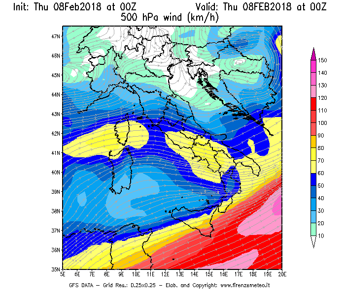 Mappa di analisi GFS - Velocità del vento a 500 hPa [km/h] in Italia
									del 08/02/2018 00 <!--googleoff: index-->UTC<!--googleon: index-->