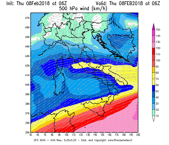 Mappa di analisi GFS - Velocità del vento a 500 hPa [km/h] in Italia
							del 08/02/2018 06 <!--googleoff: index-->UTC<!--googleon: index-->