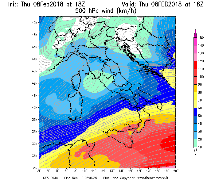 Mappa di analisi GFS - Velocità del vento a 500 hPa [km/h] in Italia
							del 08/02/2018 18 <!--googleoff: index-->UTC<!--googleon: index-->