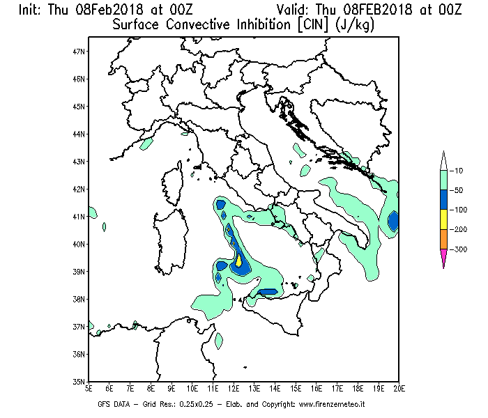 Mappa di analisi GFS - CIN [J/kg] in Italia
									del 08/02/2018 00 <!--googleoff: index-->UTC<!--googleon: index-->