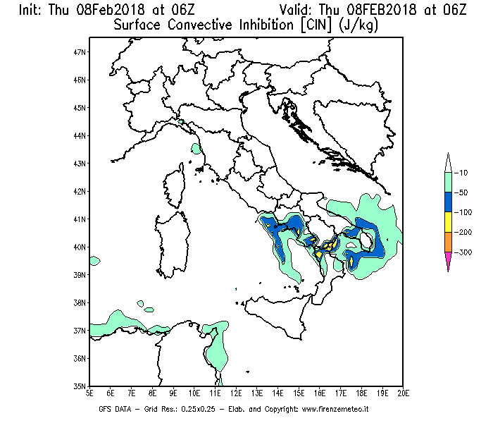 Mappa di analisi GFS - CIN [J/kg] in Italia
									del 08/02/2018 06 <!--googleoff: index-->UTC<!--googleon: index-->