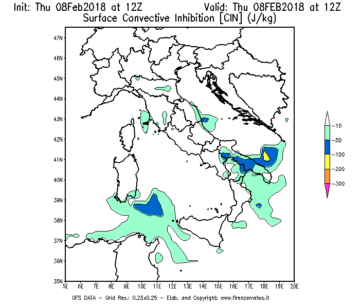Mappa di analisi GFS - CIN [J/kg] in Italia
									del 08/02/2018 12 <!--googleoff: index-->UTC<!--googleon: index-->