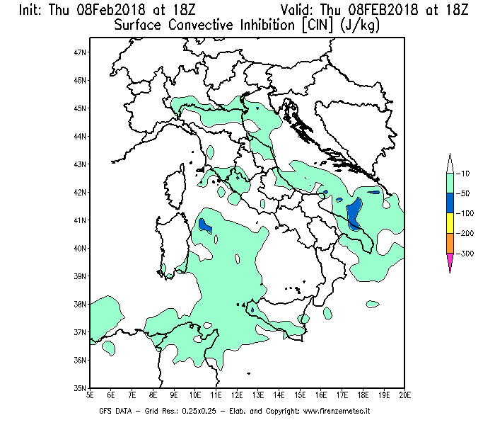 Mappa di analisi GFS - CIN [J/kg] in Italia
							del 08/02/2018 18 <!--googleoff: index-->UTC<!--googleon: index-->