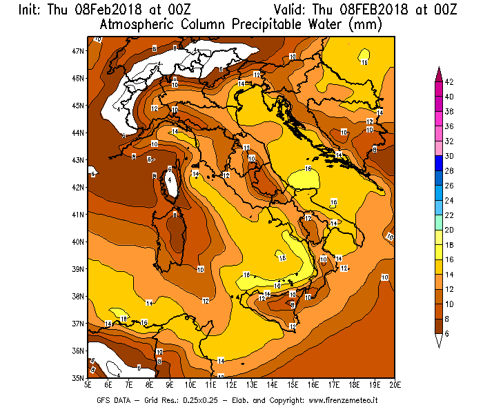 Mappa di analisi GFS - Precipitable Water [mm] in Italia
									del 08/02/2018 00 <!--googleoff: index-->UTC<!--googleon: index-->
