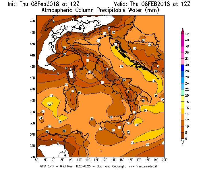 Mappa di analisi GFS - Precipitable Water [mm] in Italia
									del 08/02/2018 12 <!--googleoff: index-->UTC<!--googleon: index-->