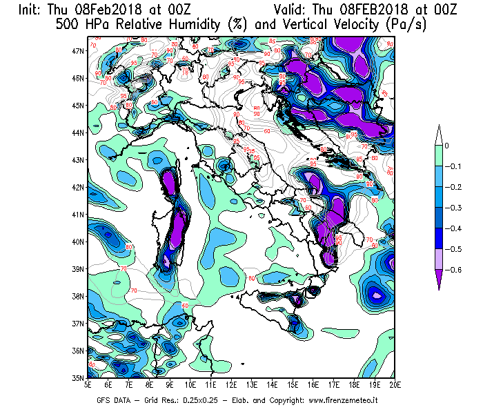 Mappa di analisi GFS - Umidità relativa [%] e Omega [Pa/s] a 500 hPa in Italia
							del 08/02/2018 00 <!--googleoff: index-->UTC<!--googleon: index-->