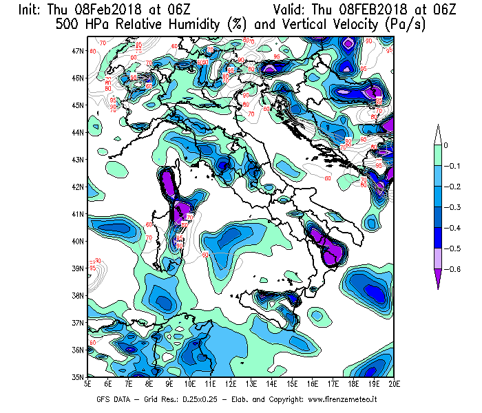 Mappa di analisi GFS - Umidità relativa [%] e Omega [Pa/s] a 500 hPa in Italia
							del 08/02/2018 06 <!--googleoff: index-->UTC<!--googleon: index-->