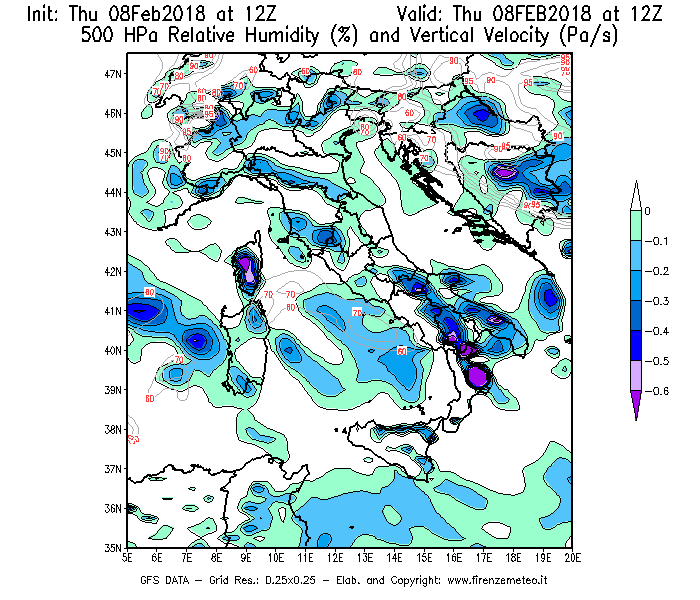 Mappa di analisi GFS - Umidità relativa [%] e Omega [Pa/s] a 500 hPa in Italia
							del 08/02/2018 12 <!--googleoff: index-->UTC<!--googleon: index-->