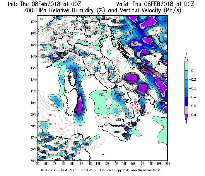 Mappa di analisi GFS - Umidità relativa [%] e Omega [Pa/s] a 700 hPa in Italia
							del 08/02/2018 00 <!--googleoff: index-->UTC<!--googleon: index-->
