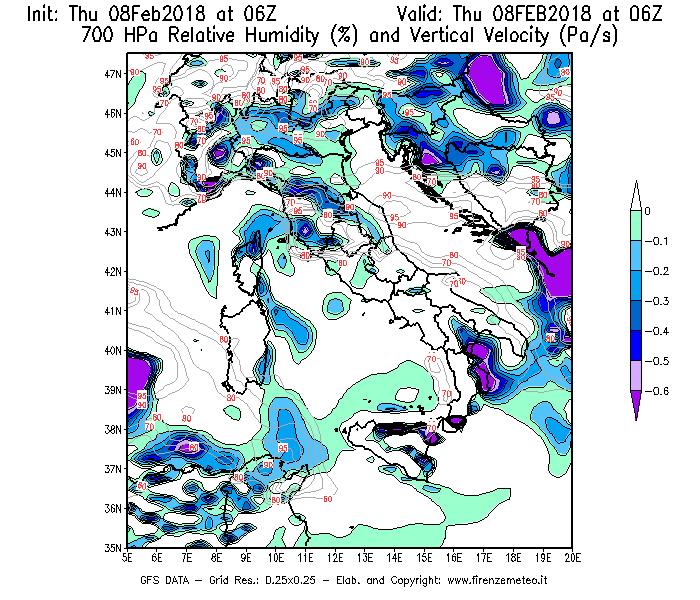 Mappa di analisi GFS - Umidità relativa [%] e Omega [Pa/s] a 700 hPa in Italia
									del 08/02/2018 06 <!--googleoff: index-->UTC<!--googleon: index-->