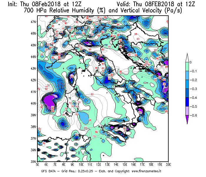 Mappa di analisi GFS - Umidità relativa [%] e Omega [Pa/s] a 700 hPa in Italia
							del 08/02/2018 12 <!--googleoff: index-->UTC<!--googleon: index-->