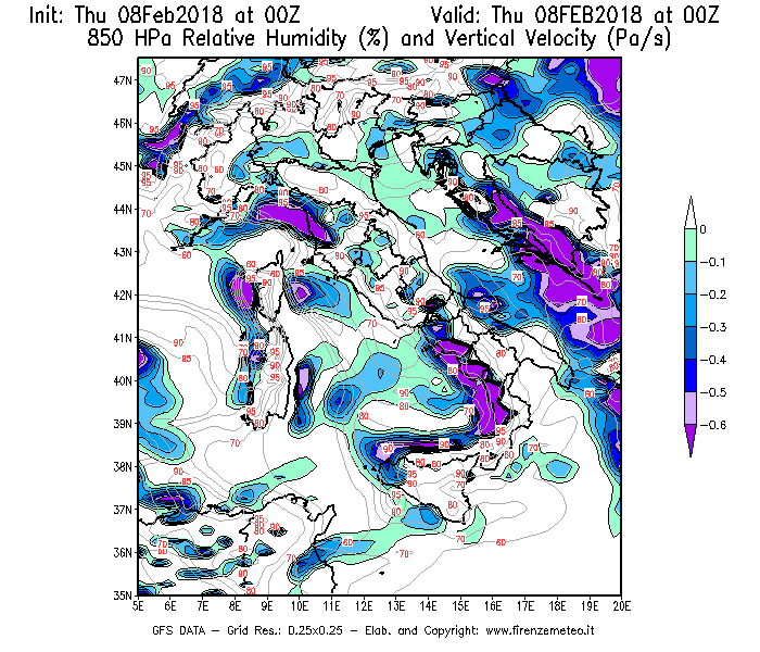 Mappa di analisi GFS - Umidità relativa [%] e Omega [Pa/s] a 850 hPa in Italia
							del 08/02/2018 00 <!--googleoff: index-->UTC<!--googleon: index-->