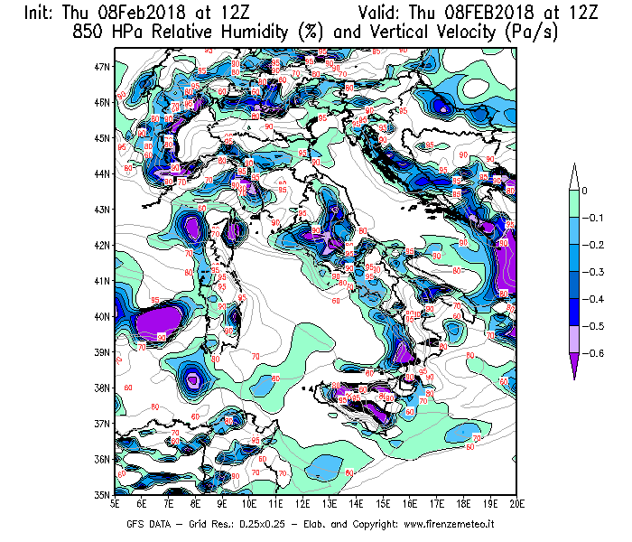 Mappa di analisi GFS - Umidità relativa [%] e Omega [Pa/s] a 850 hPa in Italia
									del 08/02/2018 12 <!--googleoff: index-->UTC<!--googleon: index-->