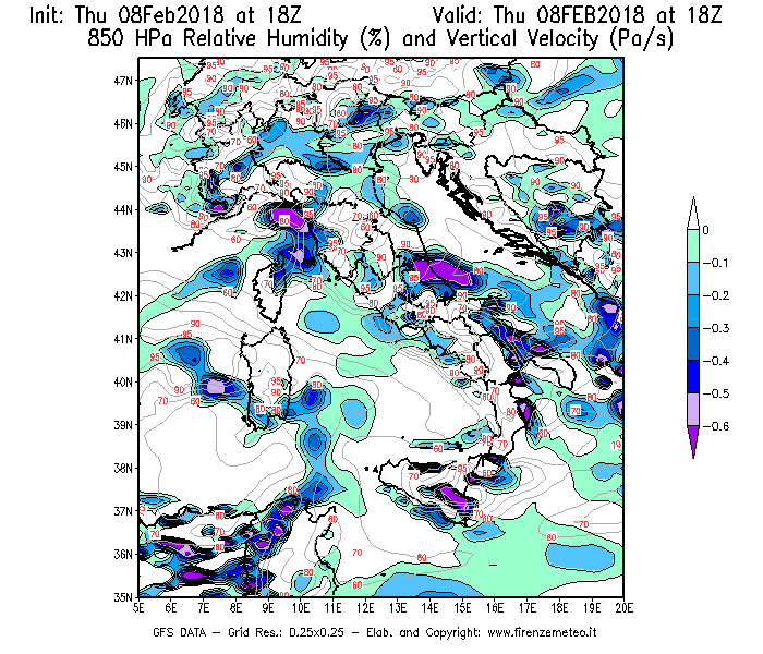 Mappa di analisi GFS - Umidità relativa [%] e Omega [Pa/s] a 850 hPa in Italia
									del 08/02/2018 18 <!--googleoff: index-->UTC<!--googleon: index-->