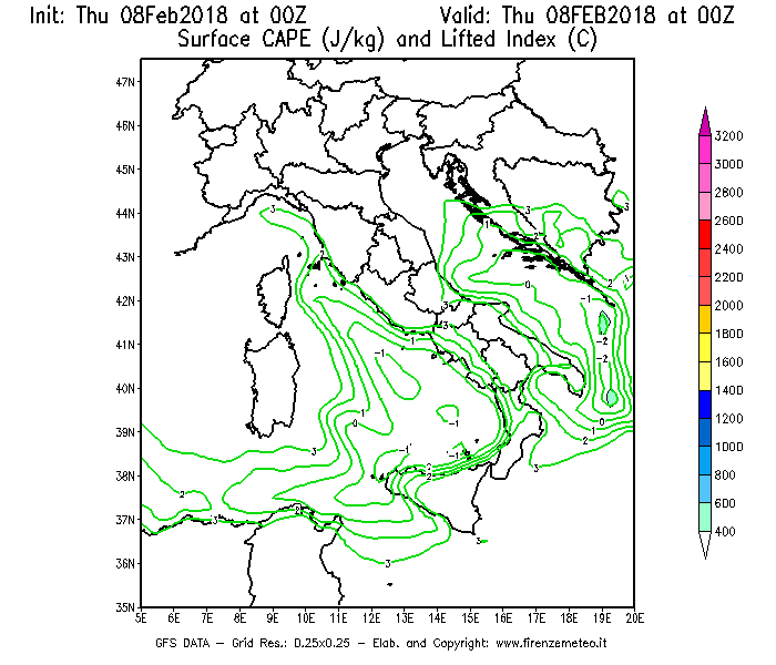Mappa di analisi GFS - CAPE [J/kg] e Lifted Index [°C] in Italia
							del 08/02/2018 00 <!--googleoff: index-->UTC<!--googleon: index-->