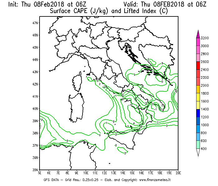 Mappa di analisi GFS - CAPE [J/kg] e Lifted Index [°C] in Italia
							del 08/02/2018 06 <!--googleoff: index-->UTC<!--googleon: index-->