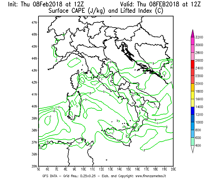 Mappa di analisi GFS - CAPE [J/kg] e Lifted Index [°C] in Italia
									del 08/02/2018 12 <!--googleoff: index-->UTC<!--googleon: index-->
