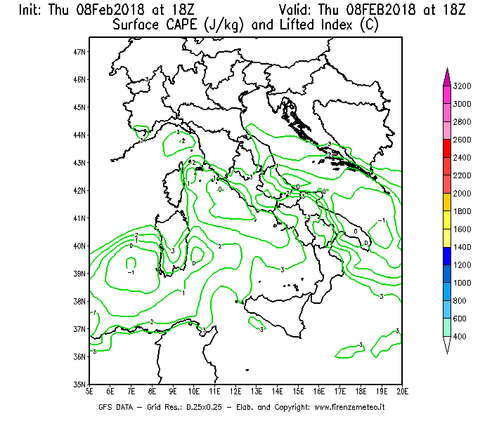 Mappa di analisi GFS - CAPE [J/kg] e Lifted Index [°C] in Italia
									del 08/02/2018 18 <!--googleoff: index-->UTC<!--googleon: index-->
