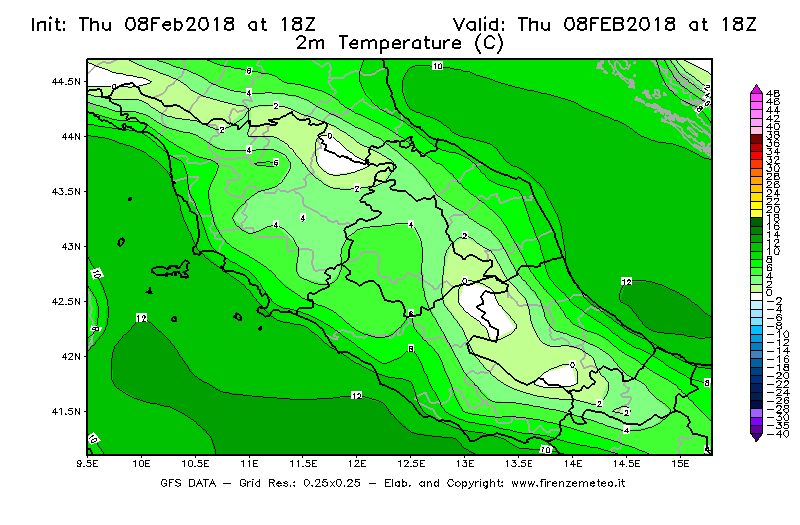 Mappa di analisi GFS - Temperatura a 2 metri dal suolo [°C] in Centro-Italia
							del 08/02/2018 18 <!--googleoff: index-->UTC<!--googleon: index-->