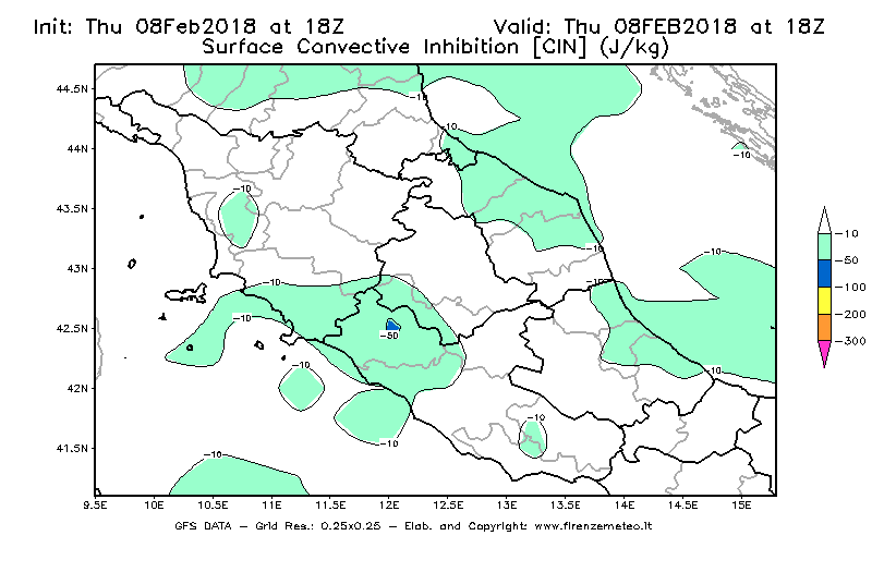 Mappa di analisi GFS - CIN [J/kg] in Centro-Italia
							del 08/02/2018 18 <!--googleoff: index-->UTC<!--googleon: index-->