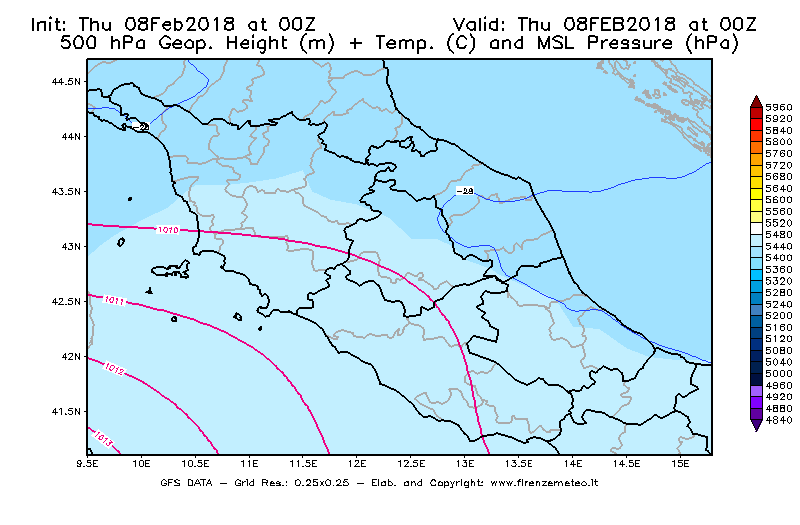 Mappa di analisi GFS - Geopotenziale [m] + Temp. [°C] a 500 hPa + Press. a livello del mare [hPa] in Centro-Italia
									del 08/02/2018 00 <!--googleoff: index-->UTC<!--googleon: index-->