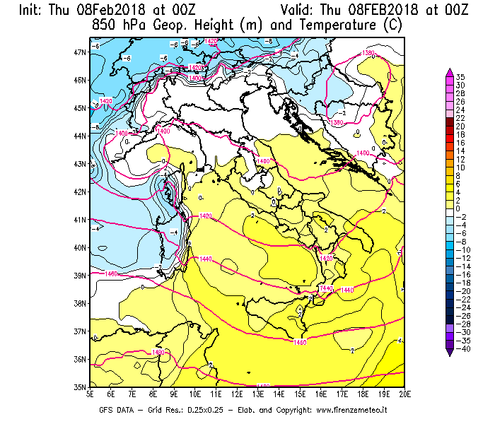 Mappa di analisi GFS - Geopotenziale [m] e Temperatura [°C] a 850 hPa in Italia
							del 08/02/2018 00 <!--googleoff: index-->UTC<!--googleon: index-->