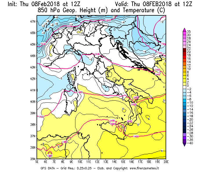 Mappa di analisi GFS - Geopotenziale [m] e Temperatura [°C] a 850 hPa in Italia
									del 08/02/2018 12 <!--googleoff: index-->UTC<!--googleon: index-->