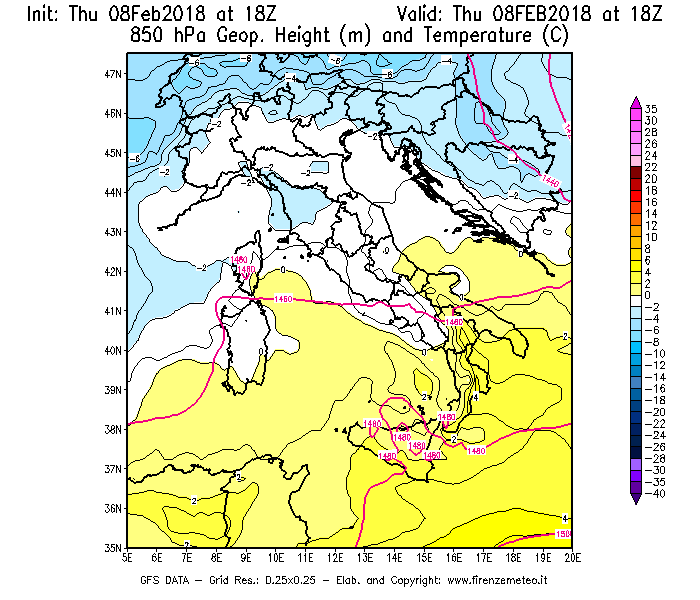 Mappa di analisi GFS - Geopotenziale [m] e Temperatura [°C] a 850 hPa in Italia
									del 08/02/2018 18 <!--googleoff: index-->UTC<!--googleon: index-->