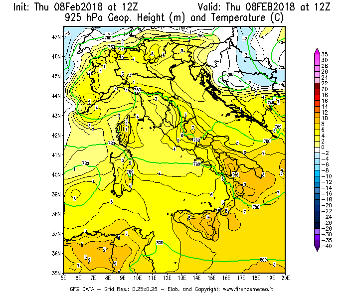 Mappa di analisi GFS - Geopotenziale [m] e Temperatura [°C] a 925 hPa in Italia
							del 08/02/2018 12 <!--googleoff: index-->UTC<!--googleon: index-->