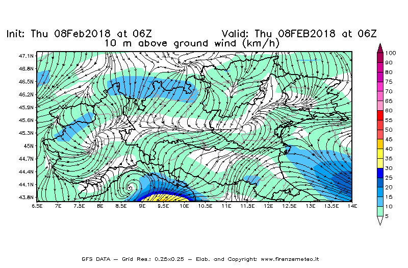 Mappa di analisi GFS - Velocità del vento a 10 metri dal suolo [km/h] in Nord-Italia
							del 08/02/2018 06 <!--googleoff: index-->UTC<!--googleon: index-->