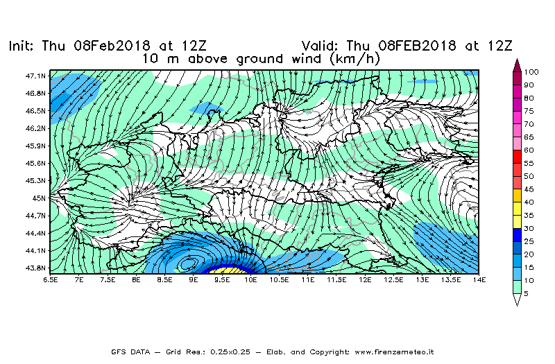 Mappa di analisi GFS - Velocità del vento a 10 metri dal suolo [km/h] in Nord-Italia
									del 08/02/2018 12 <!--googleoff: index-->UTC<!--googleon: index-->