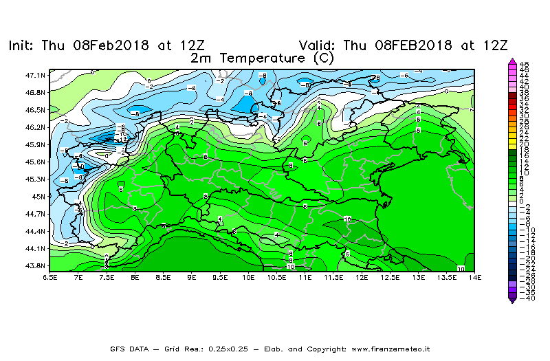 Mappa di analisi GFS - Temperatura a 2 metri dal suolo [°C] in Nord-Italia
									del 08/02/2018 12 <!--googleoff: index-->UTC<!--googleon: index-->