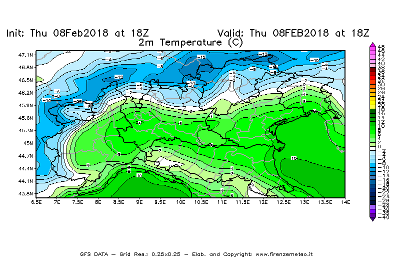 Mappa di analisi GFS - Temperatura a 2 metri dal suolo [°C] in Nord-Italia
									del 08/02/2018 18 <!--googleoff: index-->UTC<!--googleon: index-->
