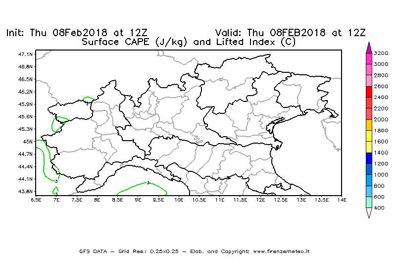 Mappa di analisi GFS - CAPE [J/kg] e Lifted Index [°C] in Nord-Italia
							del 08/02/2018 12 <!--googleoff: index-->UTC<!--googleon: index-->