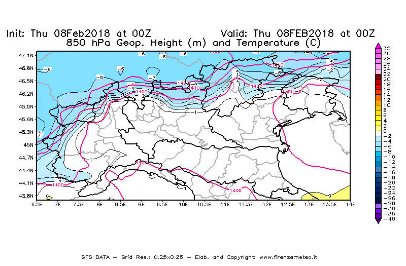 Mappa di analisi GFS - Geopotenziale [m] e Temperatura [°C] a 850 hPa in Nord-Italia
									del 08/02/2018 00 <!--googleoff: index-->UTC<!--googleon: index-->