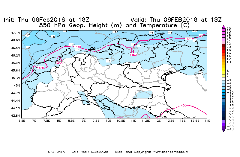 Mappa di analisi GFS - Geopotenziale [m] e Temperatura [°C] a 850 hPa in Nord-Italia
									del 08/02/2018 18 <!--googleoff: index-->UTC<!--googleon: index-->